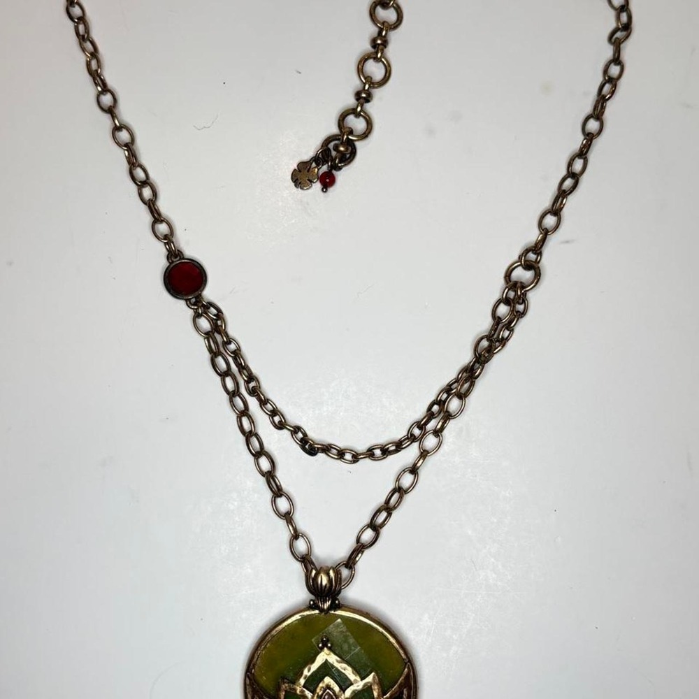 Lucky Brand Green Pendant Antiqued Gold Tone Lotus Necklace Boho 20" - Picture 3 of 4